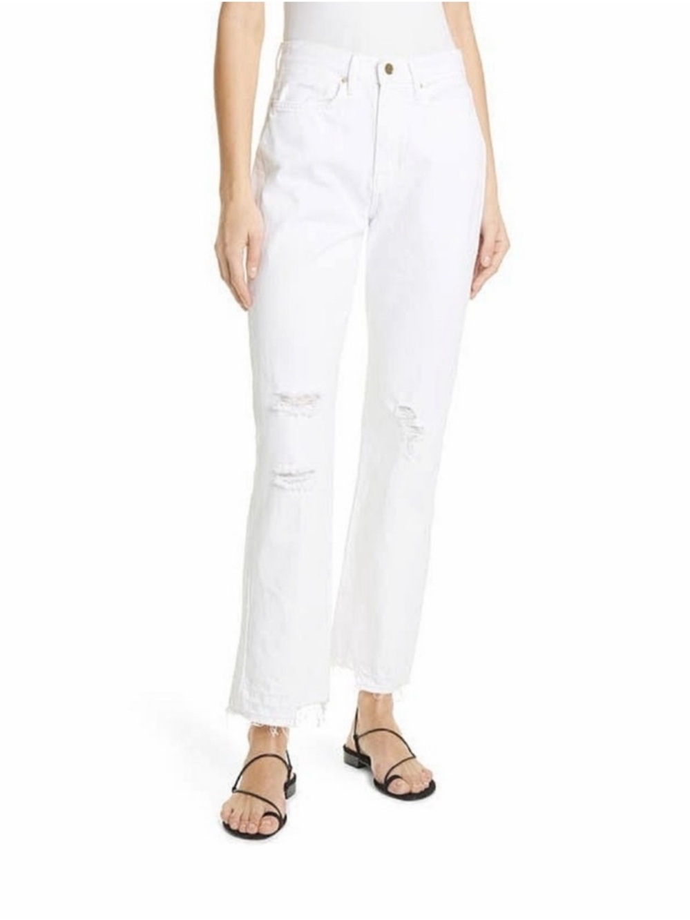 FRAME Denim - Le Hollywood Crop Distressed Step Raw Hem Denim Straight Leg Jeans